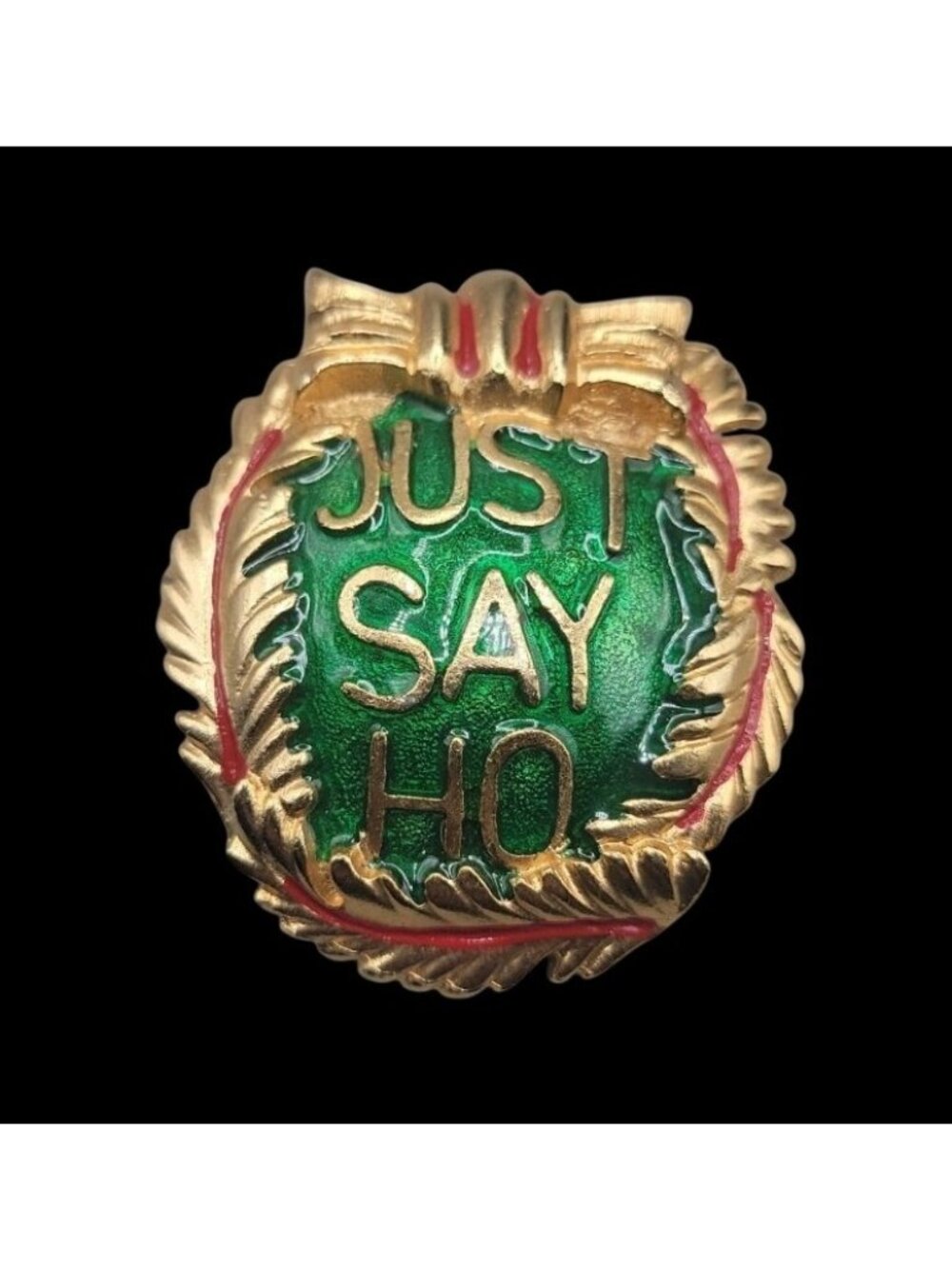 Vintage Elle Christmas Just Say Ho Brooch Large Oval Red Green Gold Tone